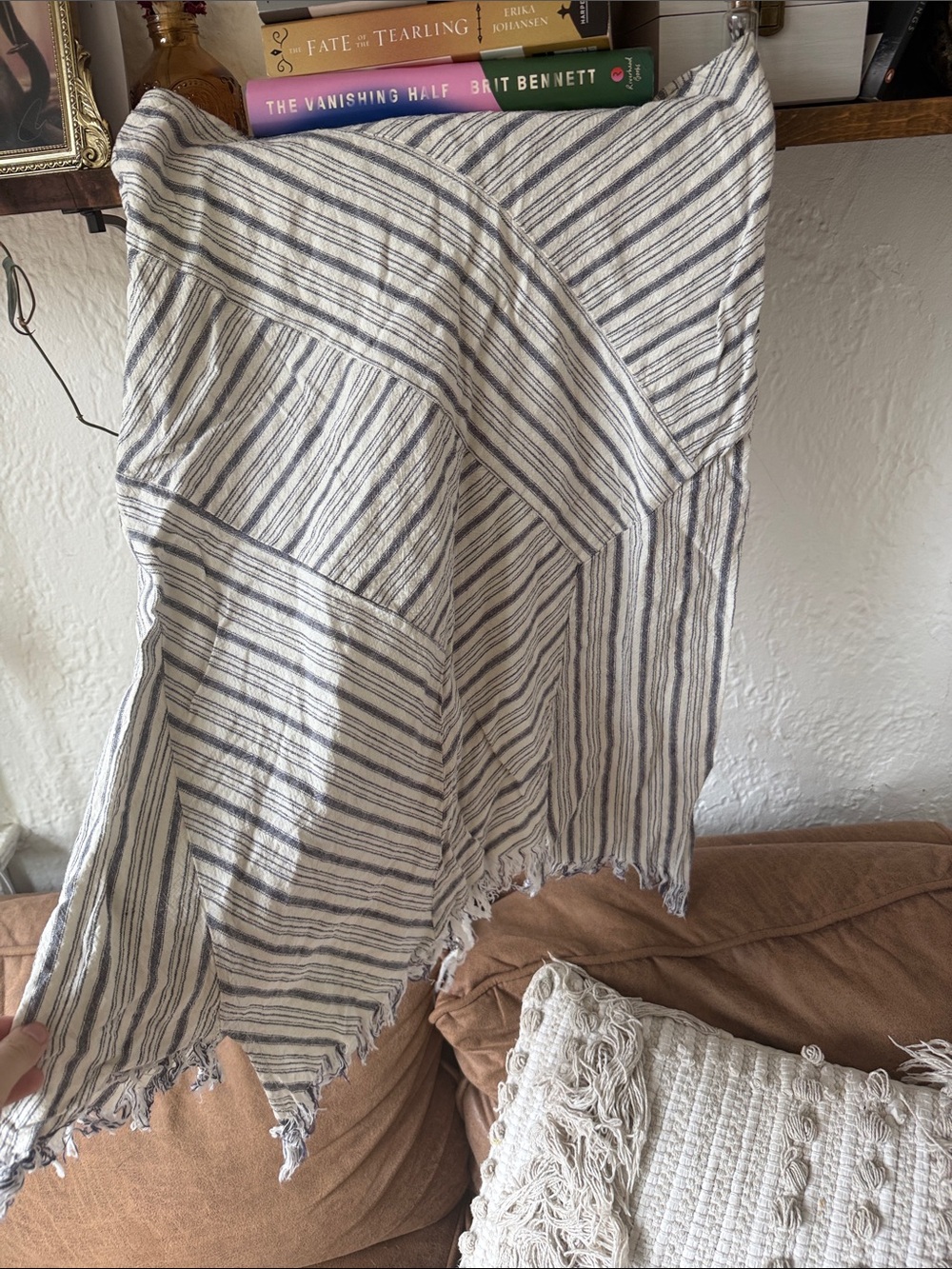 For Cynthia Blue & White Asymmetrical Striped Fringe Midi Skirt